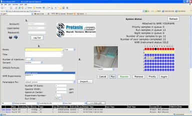 The One-Minute NMR web page makes sample login as easy as 1,2,3. 1. Login, 2. Name samples and specify experiments, 3. Locate samples on liquid handler.